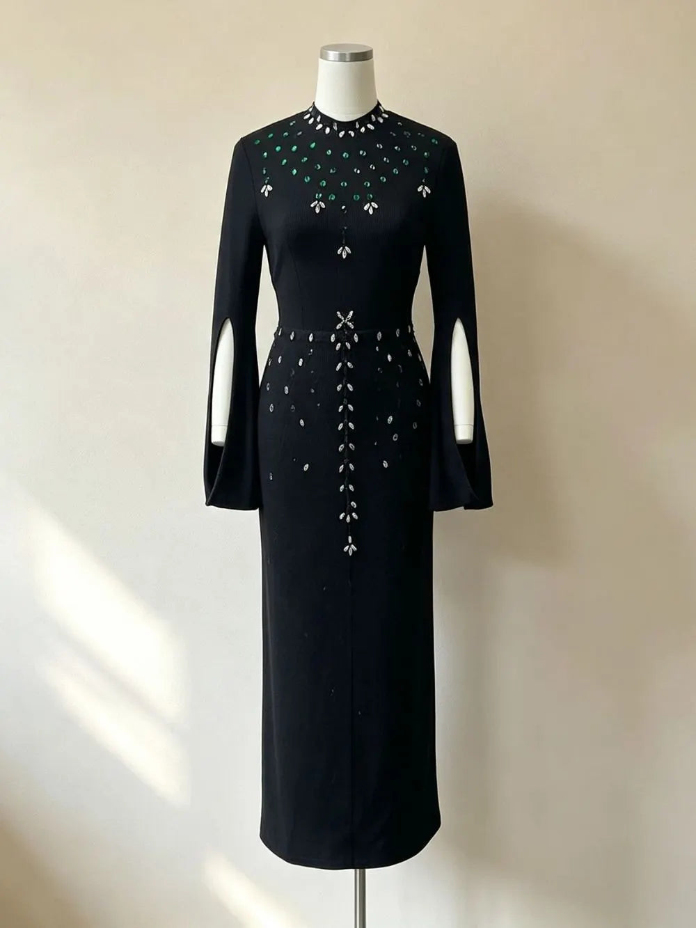 Masashi Black Diamante Long Sleeve Bandage Maxi Dress Flowering Girl