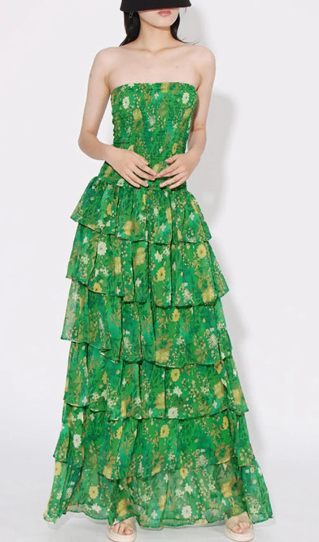 Bela Green Strapless Floral Ruffle Maxi Dress Flowering Girl