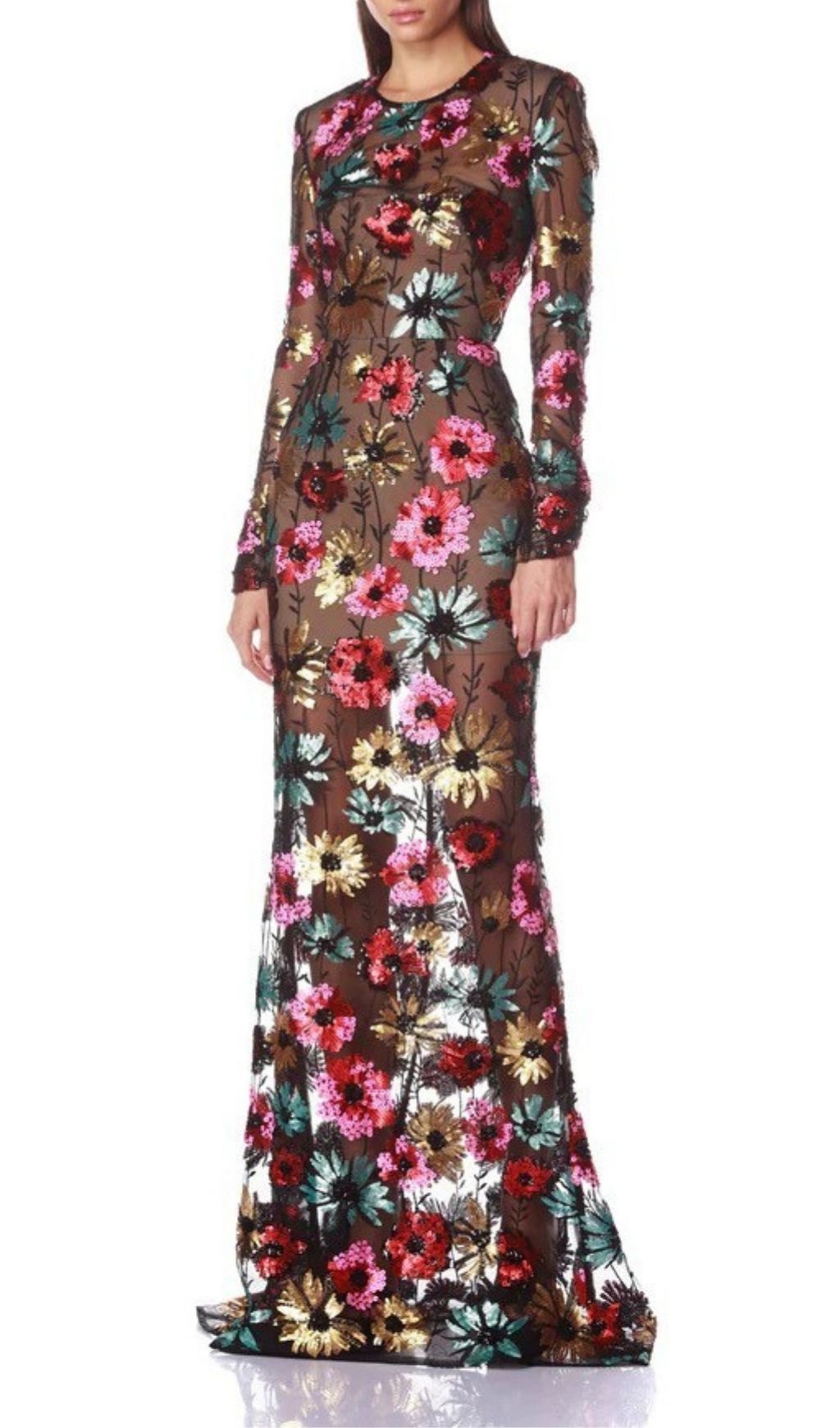 Kaoru Sequin Flower Mesh Long Sleeve Maxi Dress Flowering Girl