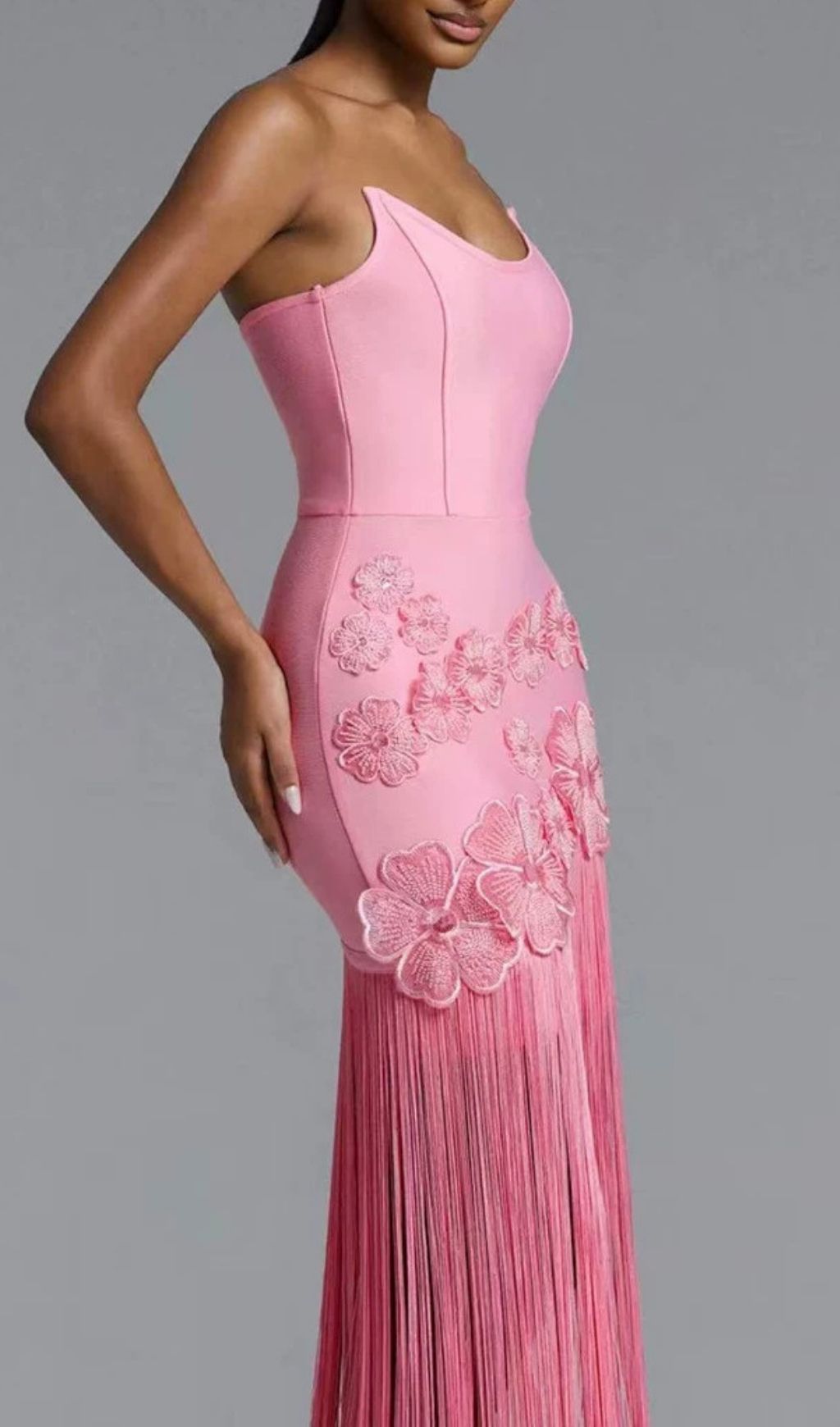 Koa Pink Strapless Flower Tassel Bandage Maxi Dress Flowering Girl