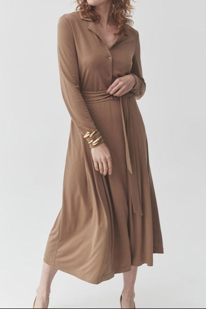 Drawstring Waist Midi Dress In Brown Flowering Girl