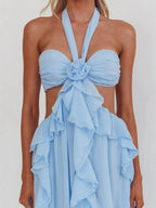 Blue Ruffle Strapless Long Chiffon Dress Flowering Girl