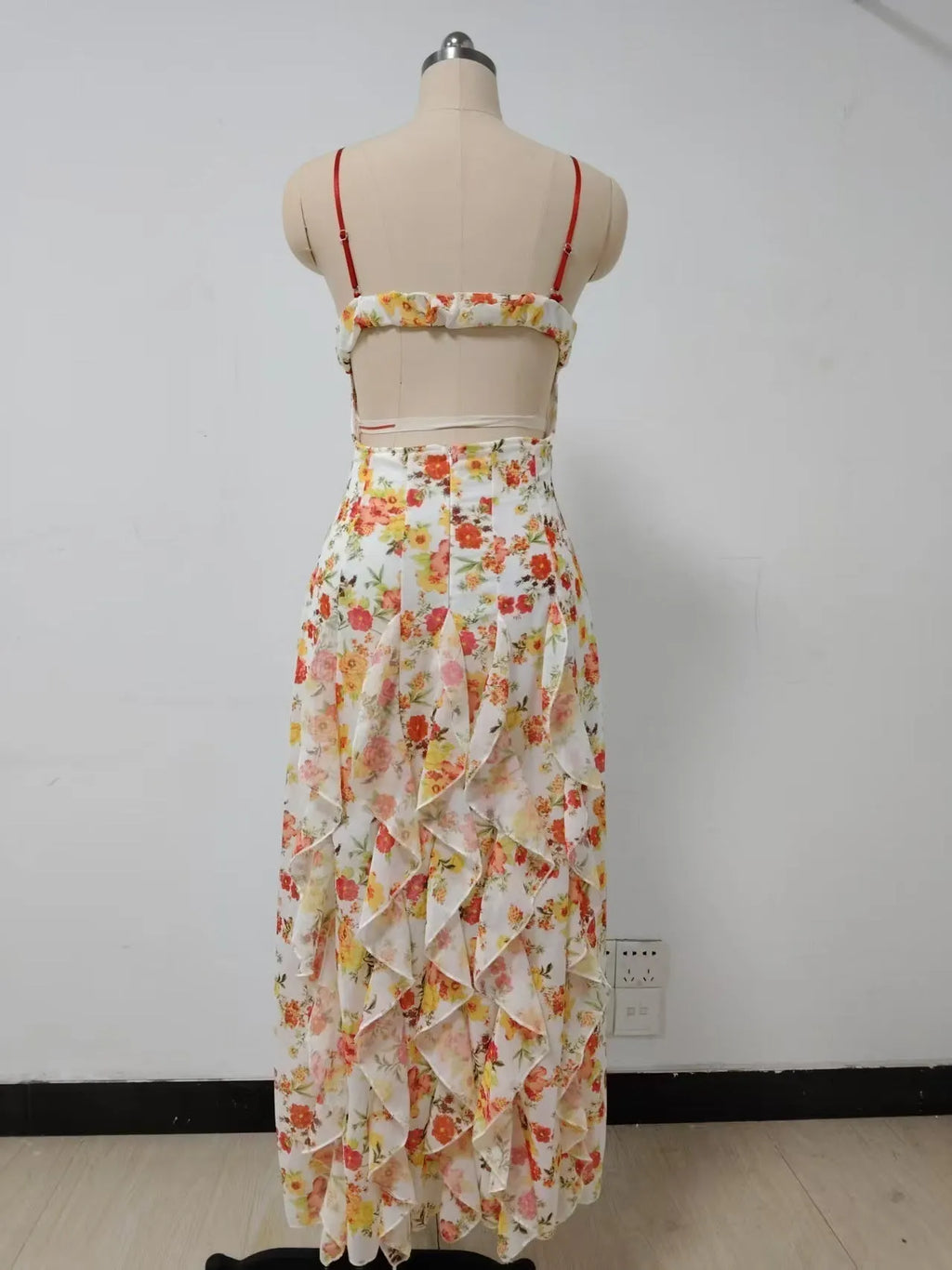 Floral Print Ruffle High Slit Mini Dress - Red Flowering Girl