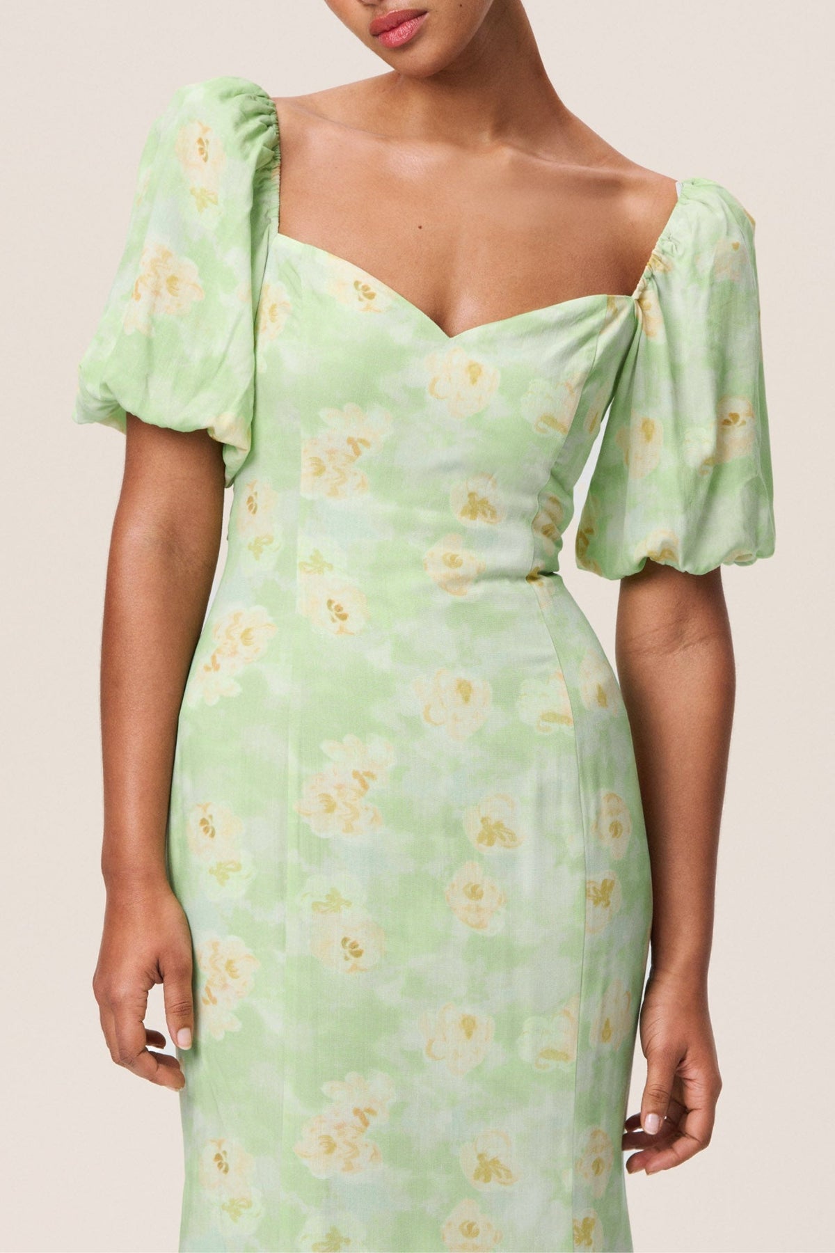 Floral Puff Sleeve Midi Dress In Green Flowering Girl