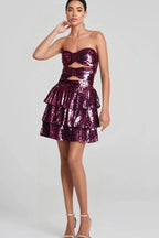 Rose Red Sequins Cut Out Ruffled Mini Dress Flowering Girl