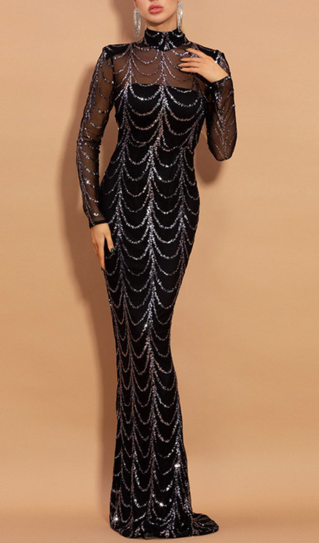 Bethia Black Sequin Mesh Sleeve Maxi Dress Flowering Girl