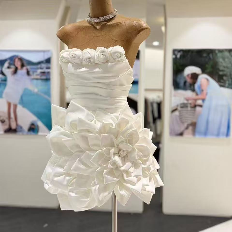 Strapless 3D Floral Satin Mini Dress In White Flowering Girl