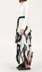Asymmetric pleated ruffle trim blazer dress in white Flowering Girl