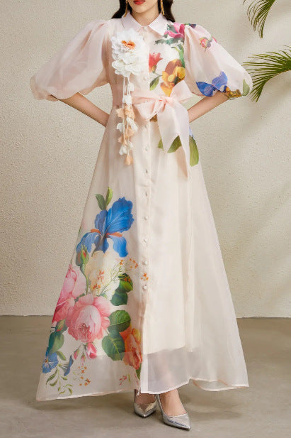 Single-Breasted Floral Printed Puff Sleeve Maxi Dress In Apricot Flowering Girl
