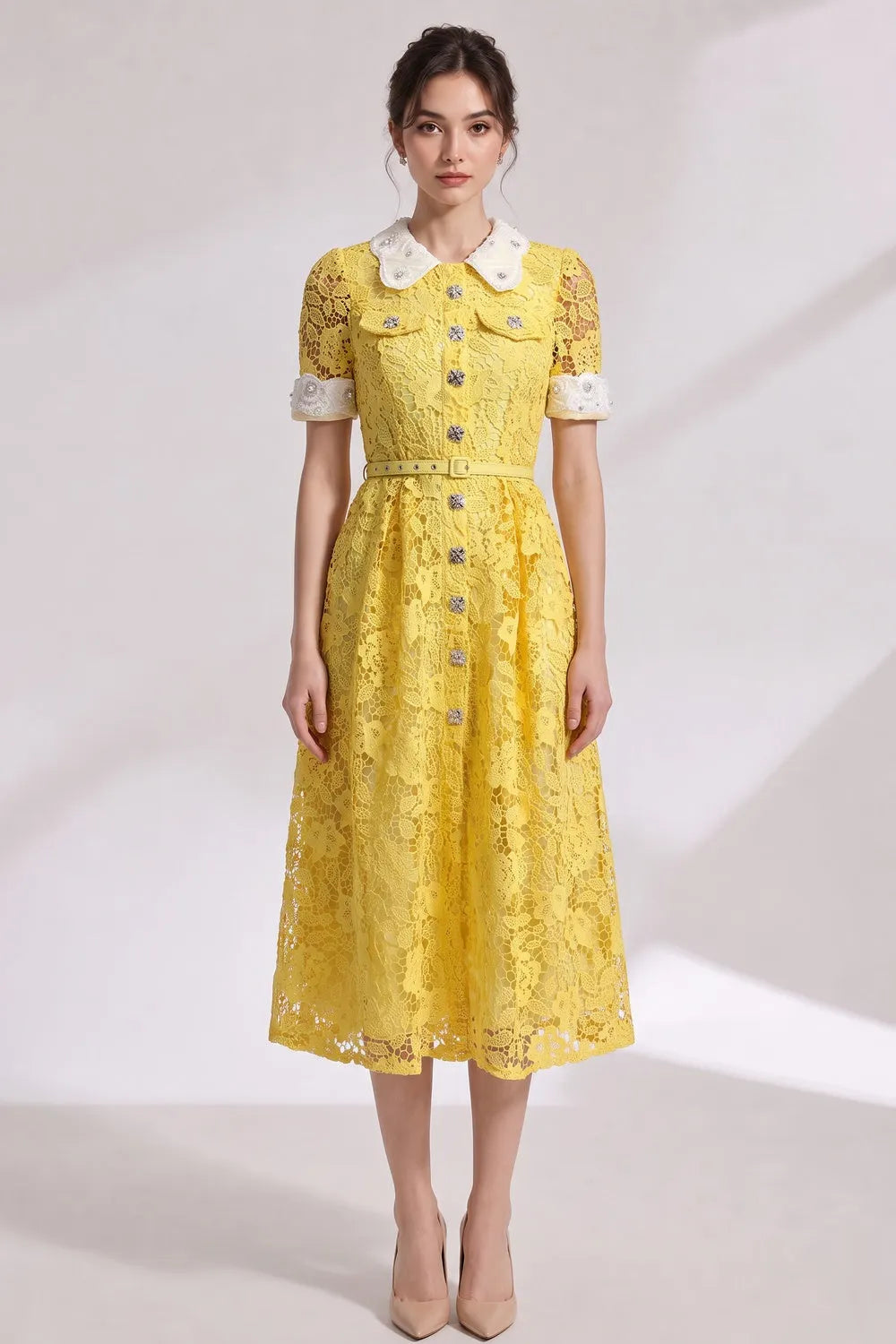 Yellow Guipure Floral Lace A-Line Midi Dress Flowering Girl