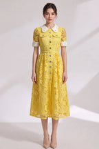 Yellow Guipure Floral Lace A-Line Midi Dress Flowering Girl