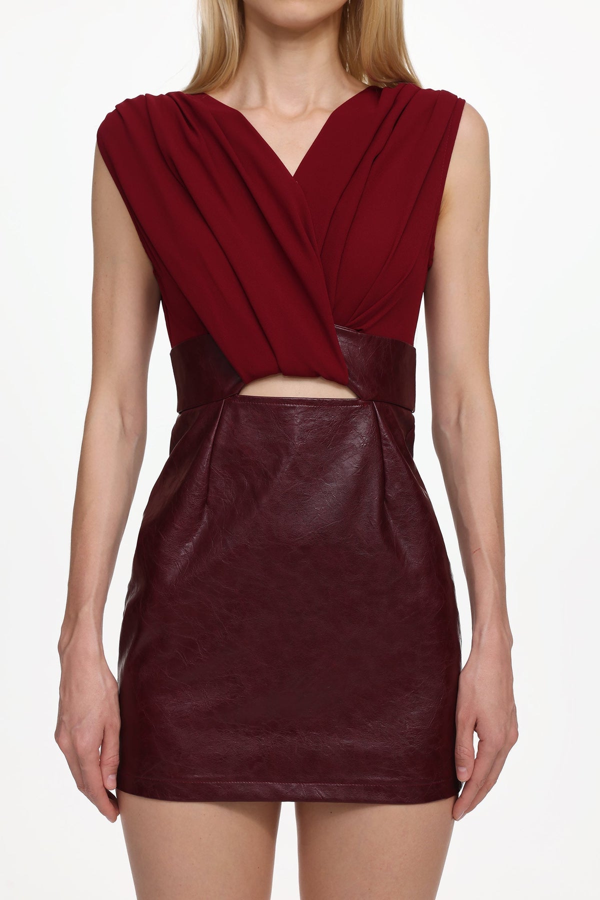 Ferina V Neck Ruched Faux Leather Mini Dress Flowering Girl