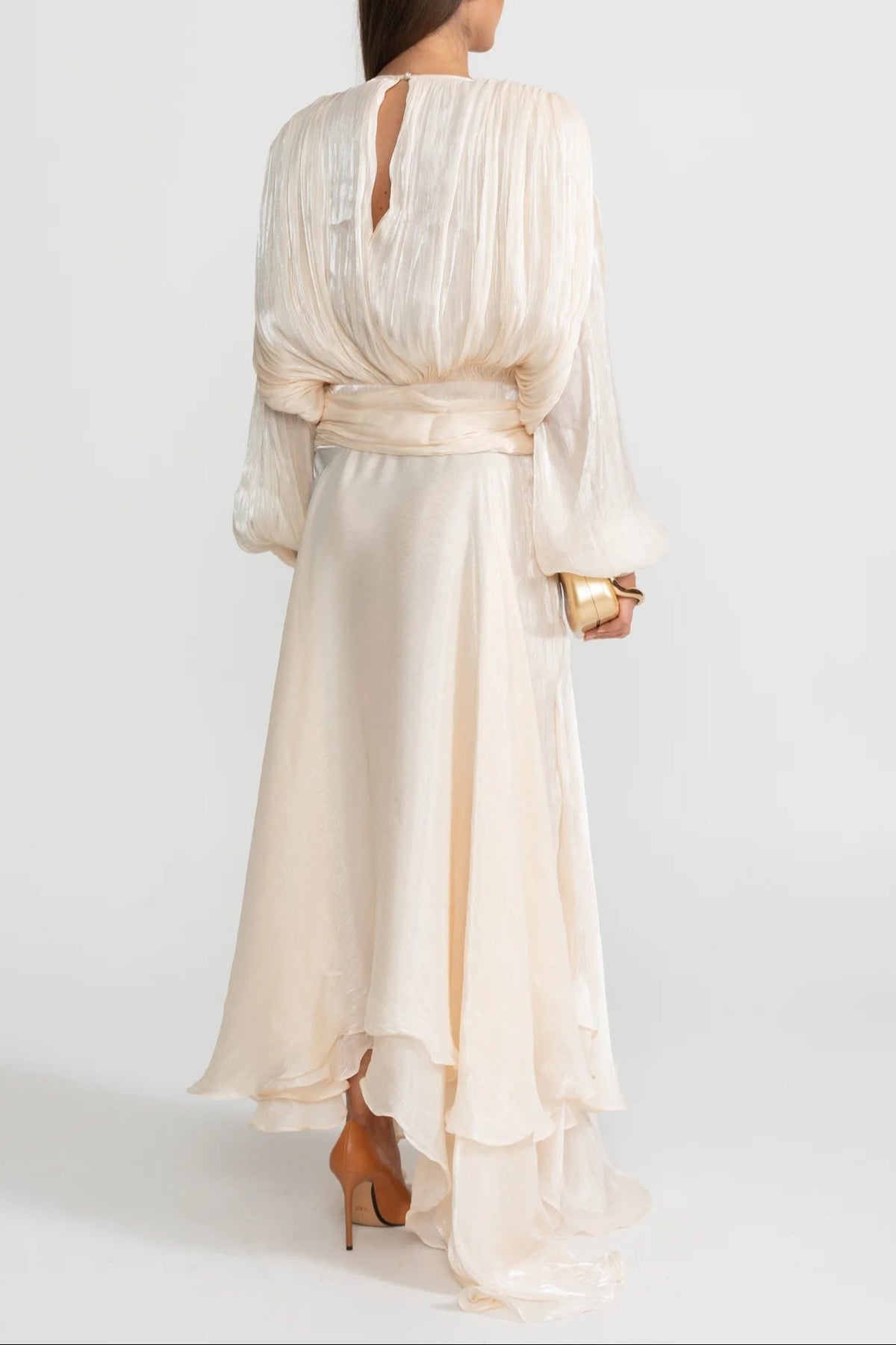 Ivory Pleated Bodice Draped Puff Sleeve Maxi Dress Flowering Girl