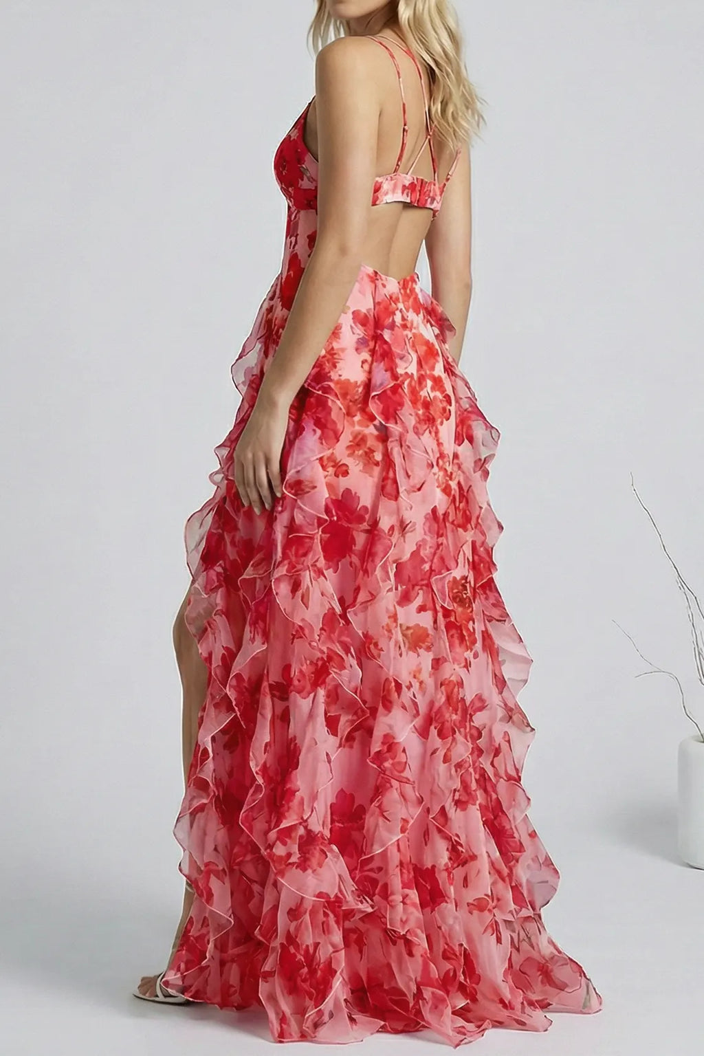Floral Print Ruffle High Slit Mini Dress - Red Flowering Girl