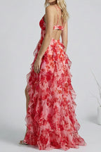 Floral Print Ruffle High Slit Mini Dress - Red Flowering Girl