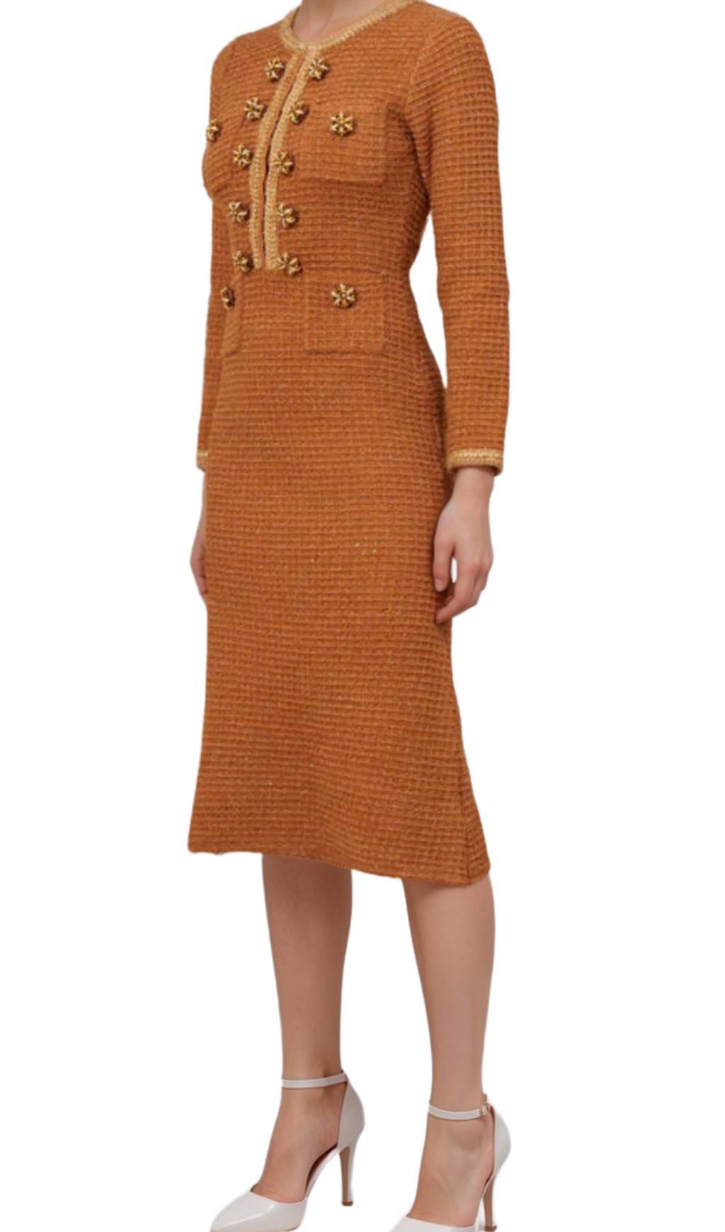 amelia braided-edge tweed midi dress in brown Flowering Girl