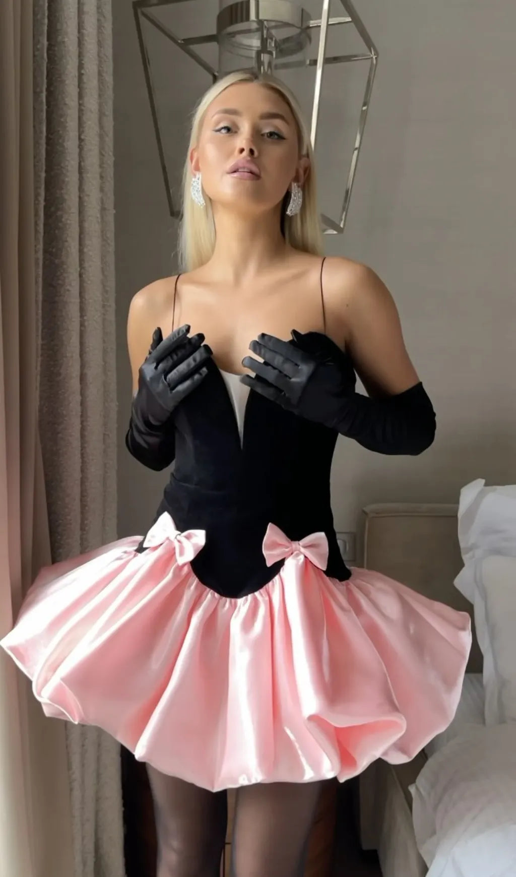 Bow Detail A Line Dress Black Pink Flowering Girl