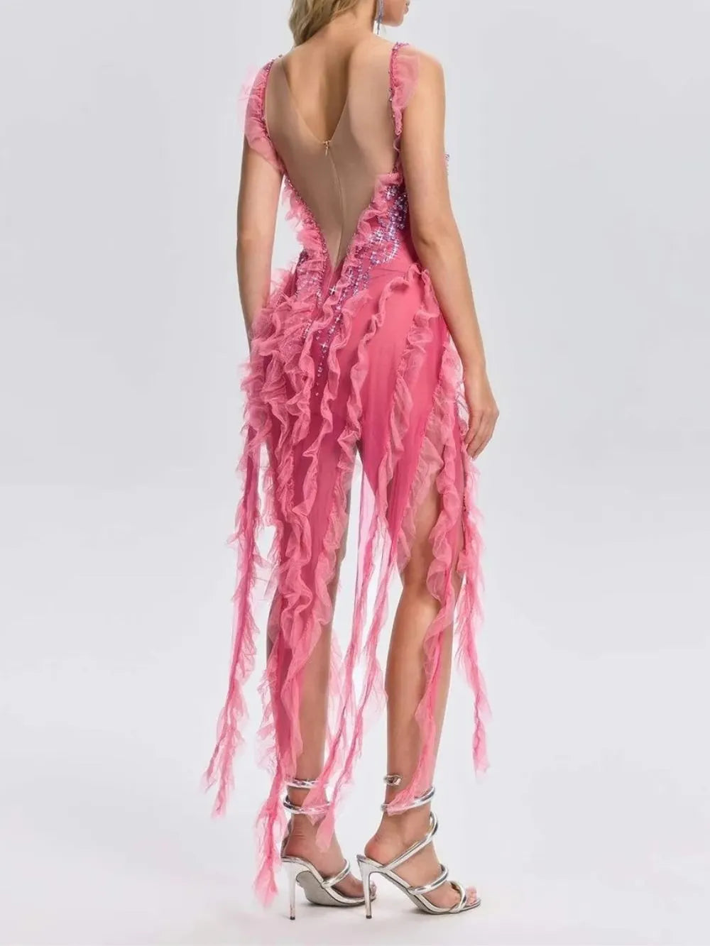 Ulrican Crystal Ruffle Mesh Mini Dress Flowering Girl