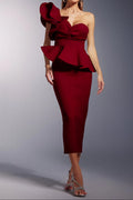 Luysa One Shoulder Asymmetry Red Midi Set Flowering Girl