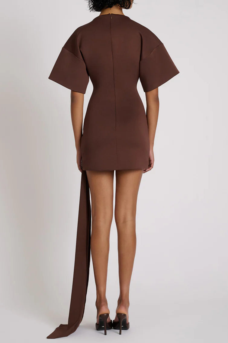 Draped Embellished Mini Dress - Brown Flowering Girl