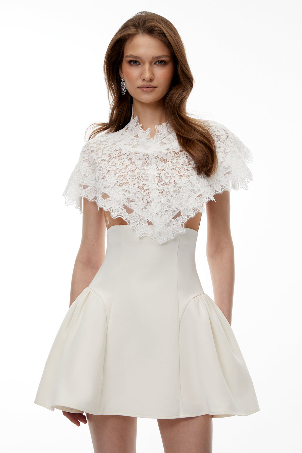 Mandana White Lace Mini Dress With Cape Flowering Girl