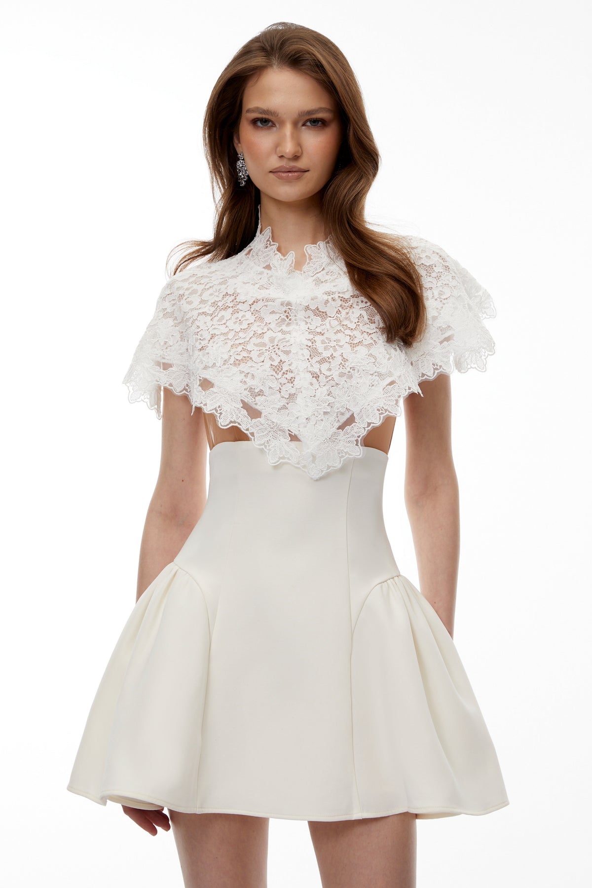 Mandana White Lace Mini Dress With Cape Flowering Girl