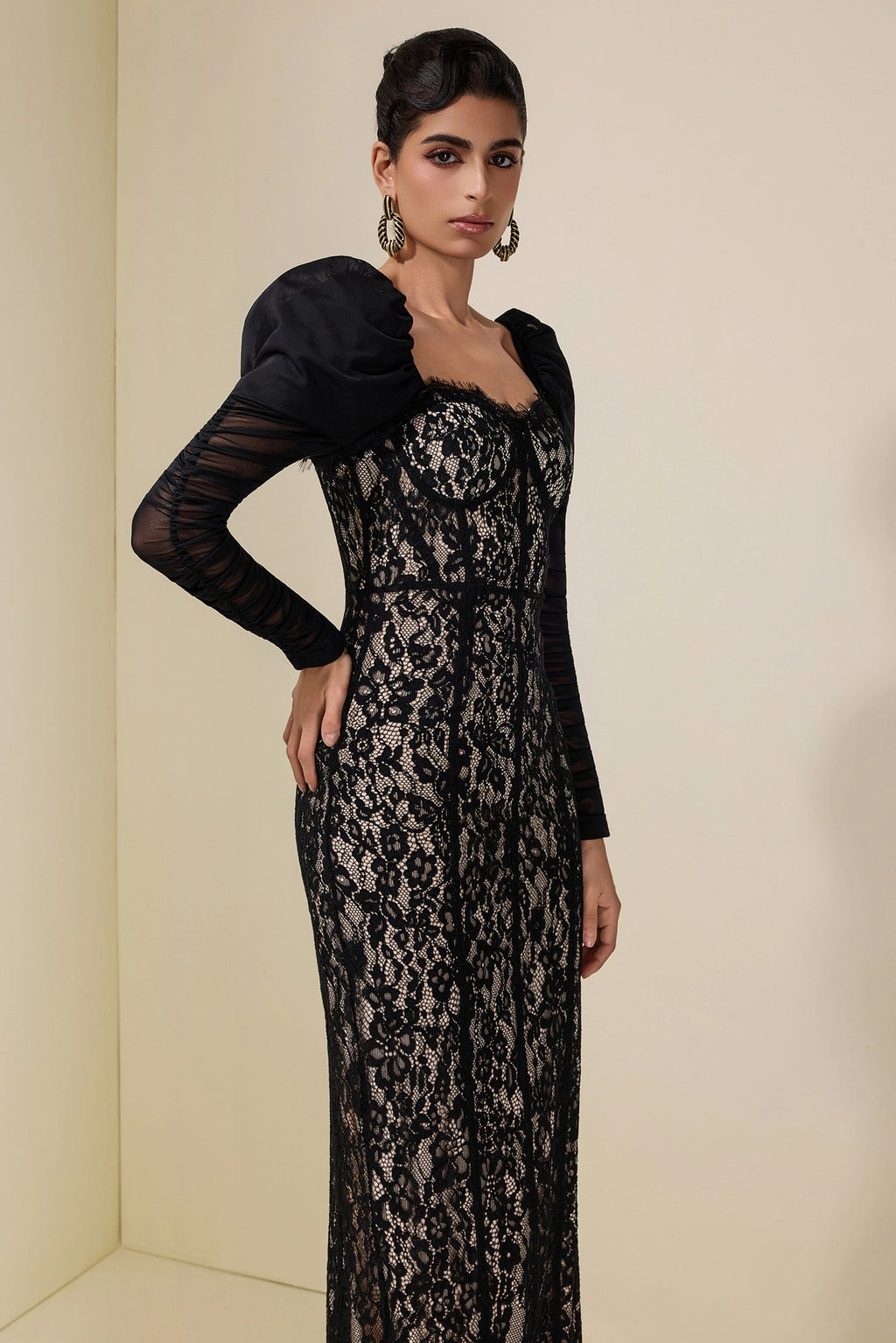 Wendy Lace Splicing Mesh Puff Sleeve Midi Dress In Black Flowering Girl