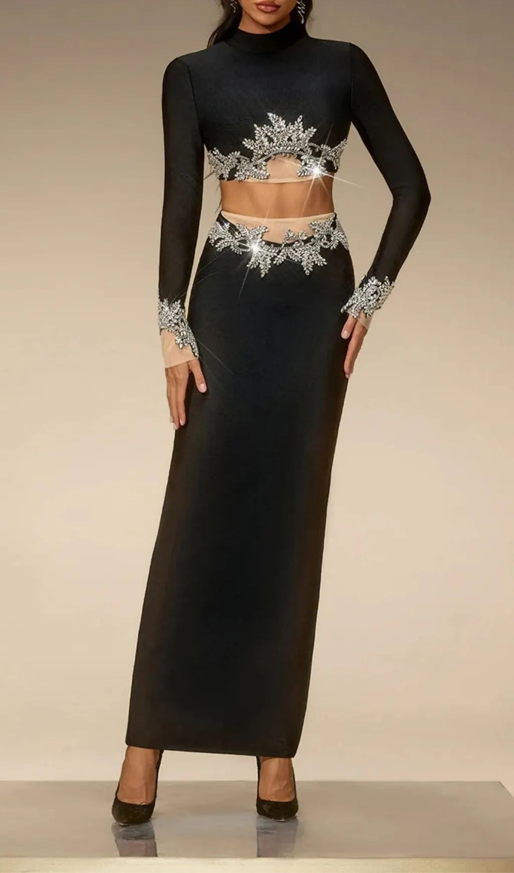 Selis Long Sleeve Rhinestone Bandage Skirt Set Flowering Girl