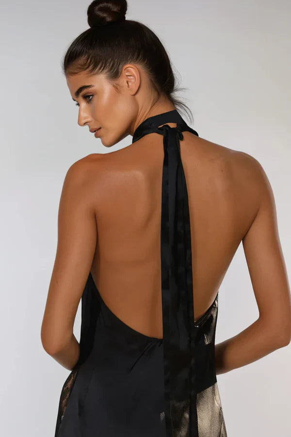 Clora Satin Halter Lace Maxi Dress - Black Flowering Girl