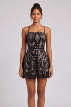 Black Mesh A-Line Mini Dress with Sequin Embroidery Flowering Girl