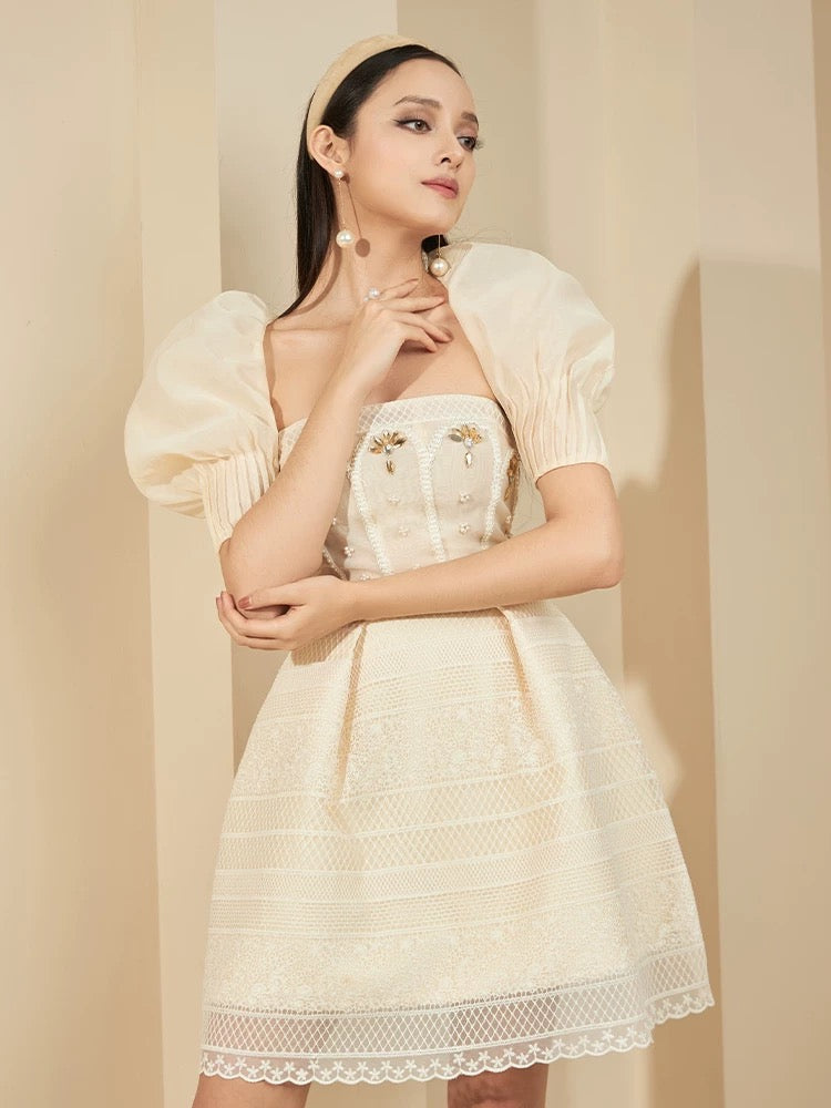 Teresa Beige A-Line Straight Across Neck Lace Mini Dress Flowering Girl
