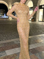 Long Sleeve Embellished Sequin Mesh Maxi Dress Yellow Flowering Girl