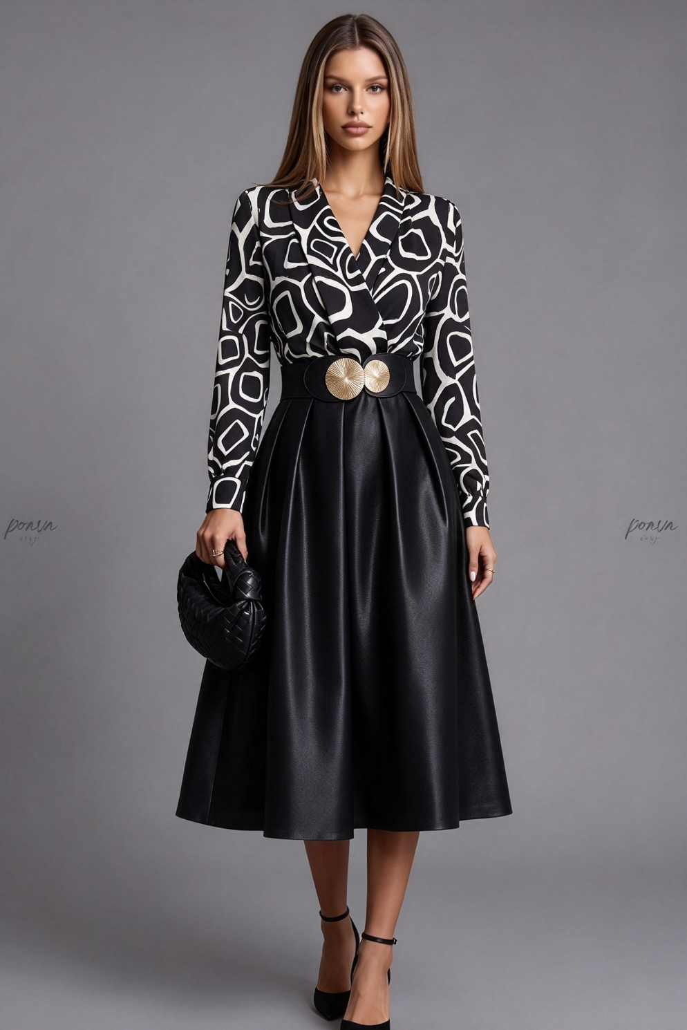 Black Satin-Finish Woven Fabric A-Line Mock Two-Piece Midi Dress Flowering Girl