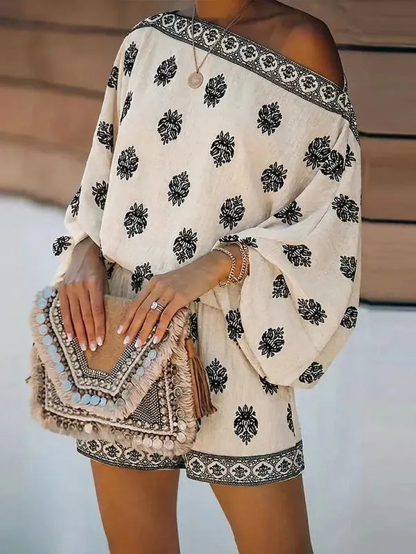 Baroque Print Off-Shoulder Lantern Sleeve Shorts Jumpsuit Flowering Girl