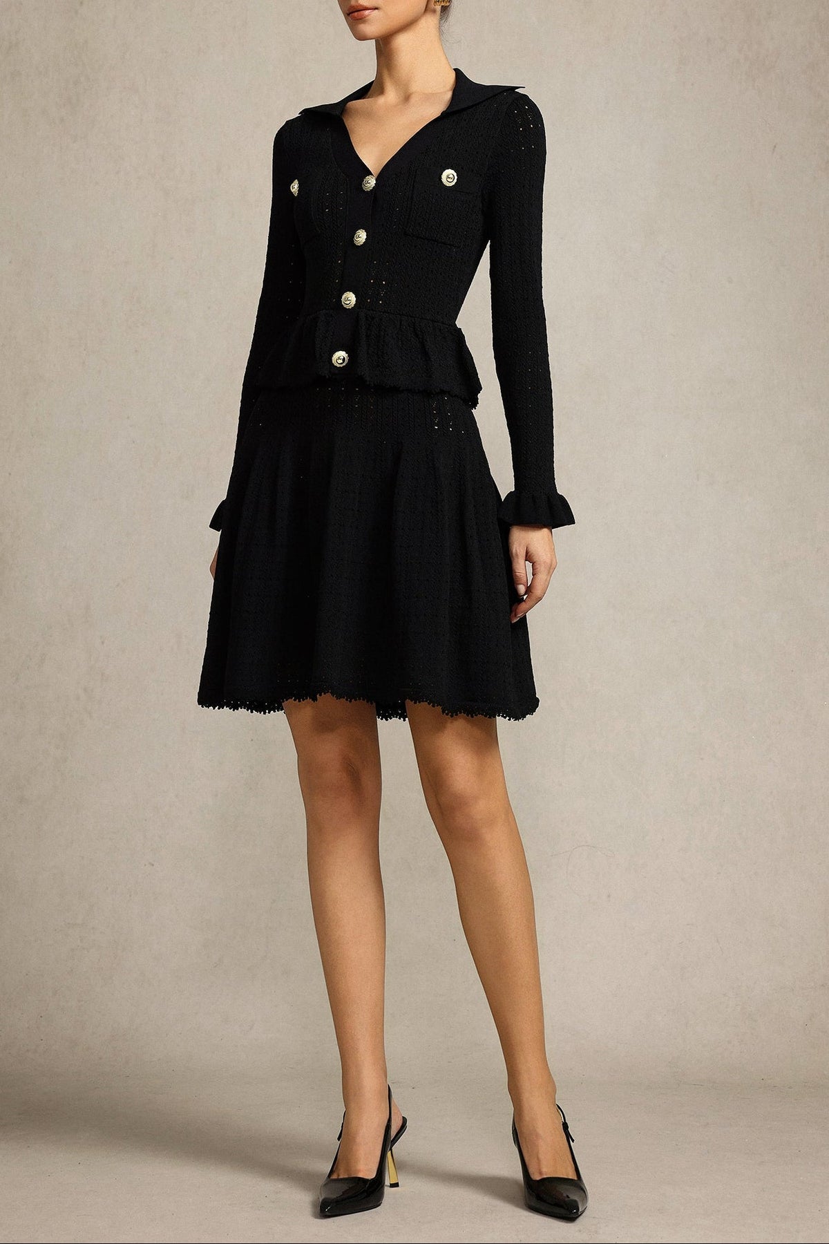 Leaf-Edge Paneled V-Neck Knitted Mini Dress In Black Flowering Girl