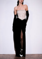 Sharon Lace Beaded Embellished Strapless Maxi Dress In Black Flowering Girl