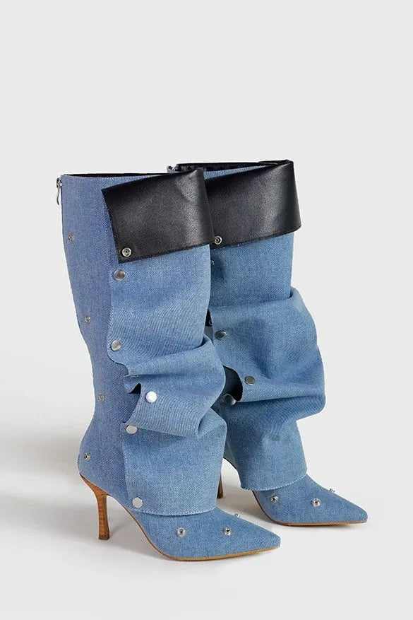 Isabela Appliqué Ruched Denim Knee-high boots - Blue Flowering Girl
