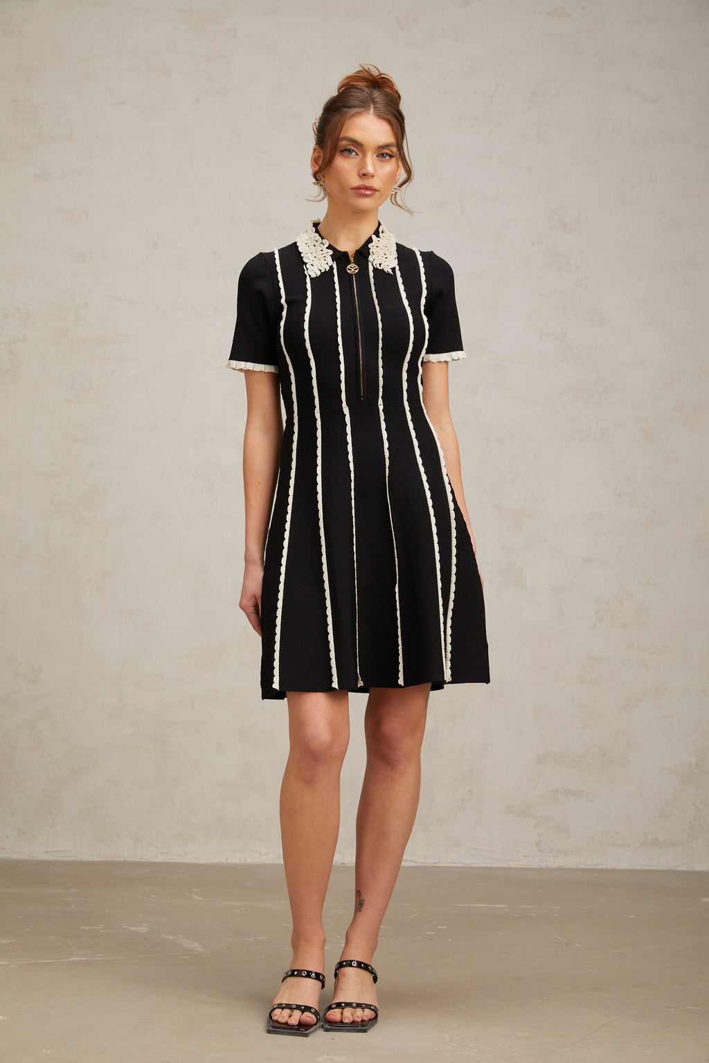 Zazie Black Vertical-Striped Ruffle-Trim Knit Mini Dress Flowering Girl