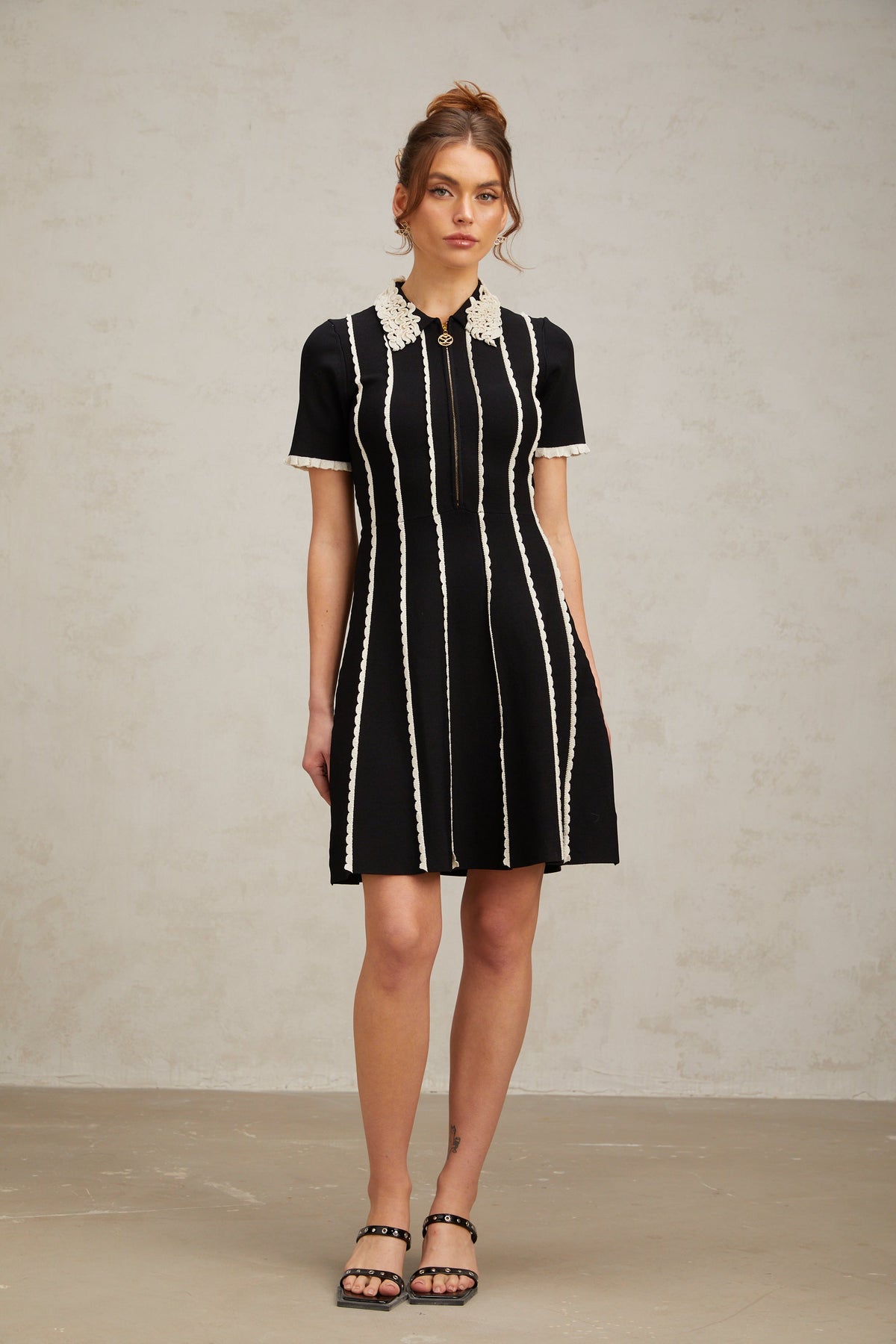 Zazie Black Vertical-Striped Ruffle-Trim Knit Mini Dress Flowering Girl