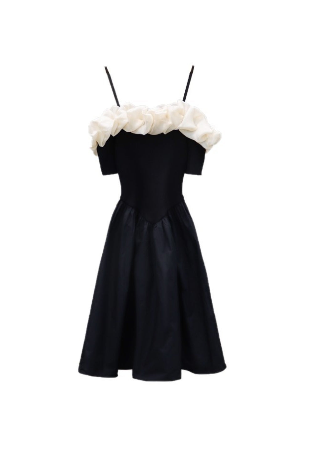 Off-Shoulder Ruffle Trim Suspender Mini Dress In Black Flowering Girl