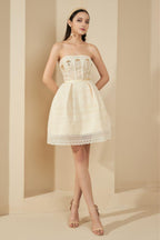Teresa Beige A-Line Straight Across Neck Lace Mini Dress Flowering Girl