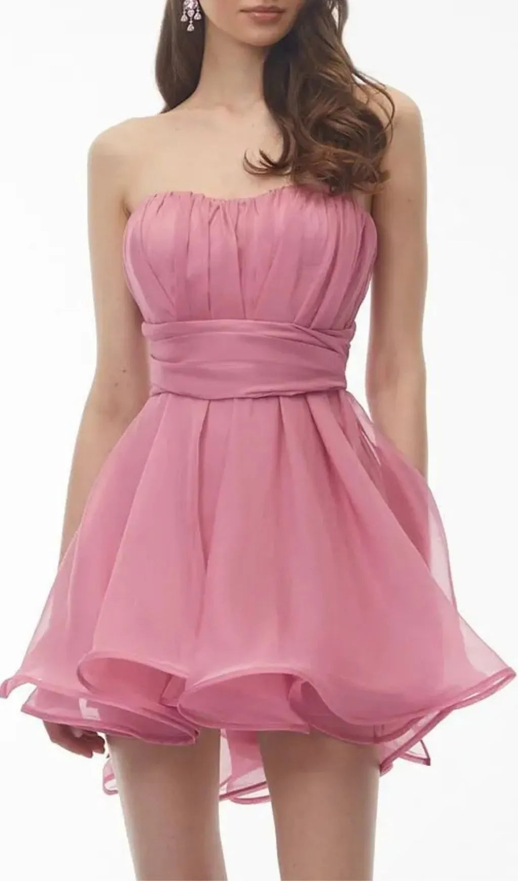Rose Pink Ruched Mini Dress With Ribbon Flowering Girl