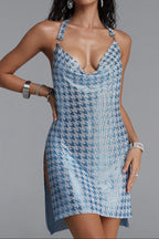 Halter Cowl Neck Houndstooth Glitter Slit Mini Dress Flowering Girl