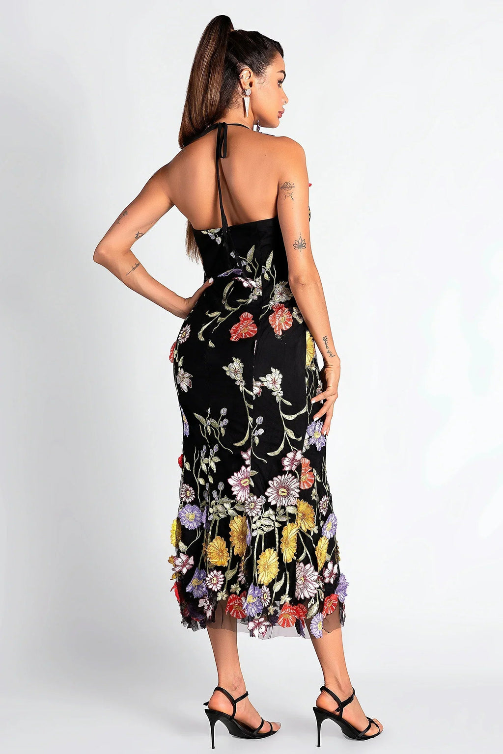 Halter Embroider Floral Midi Dress In Black Flowering Girl