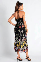 Halter Embroider Floral Midi Dress In Black Flowering Girl