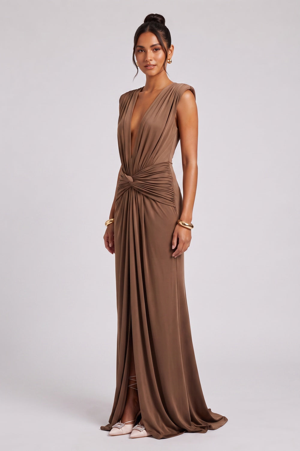 Brown Jersey Column Gown with Twist Detail Flowering Girl