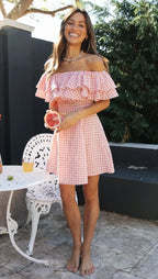 Off Shoulder Ruffle Plaid Mini Dress - Pink Flowering Girl
