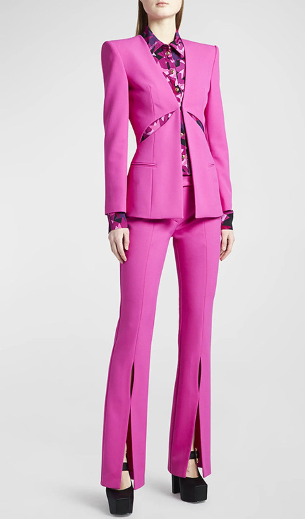 Hollow Collarless Blazer Slit Trouser Suit Flowering Girl