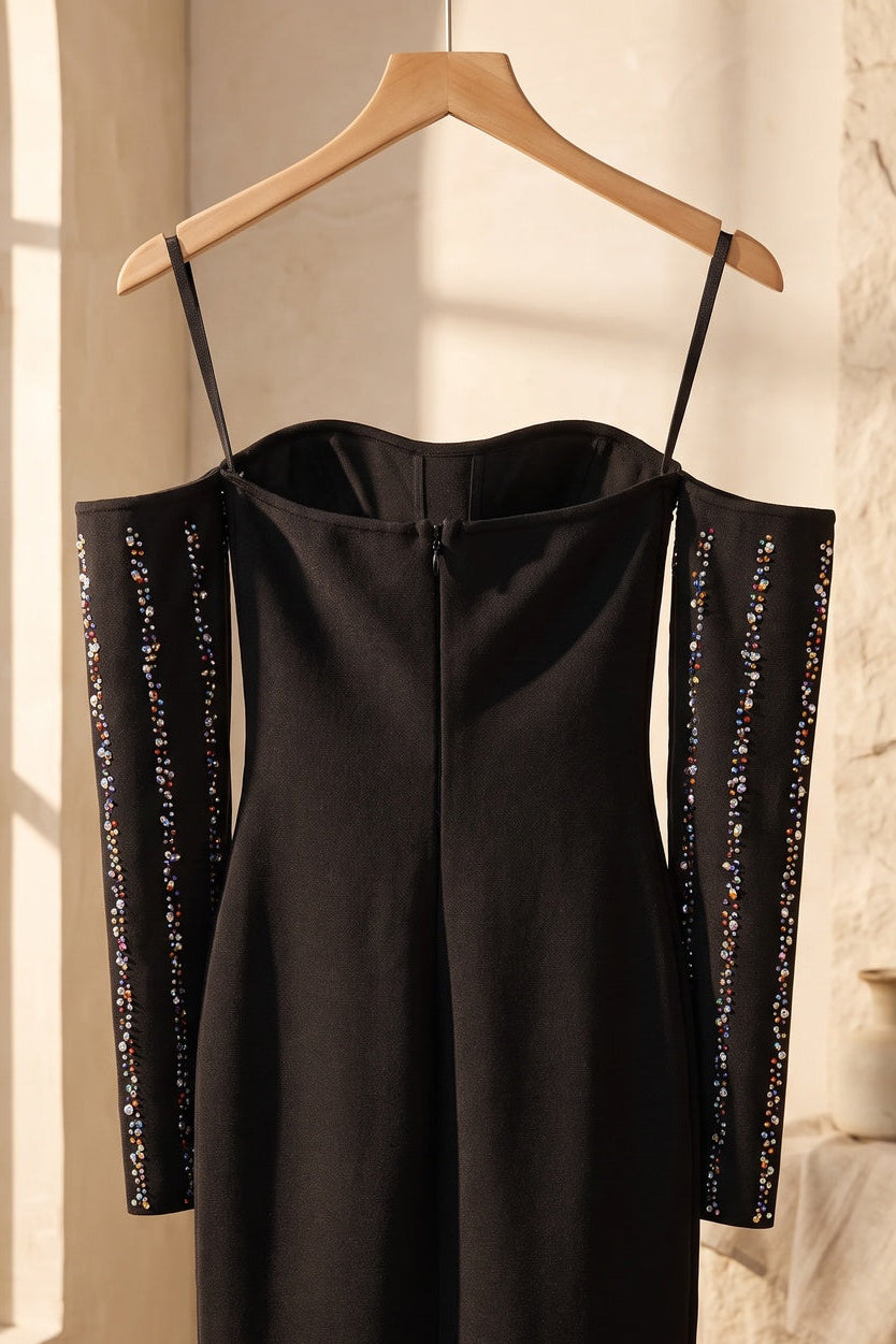 Black Strapless Maxi Dress with Detached Sleeves Flowering Girl