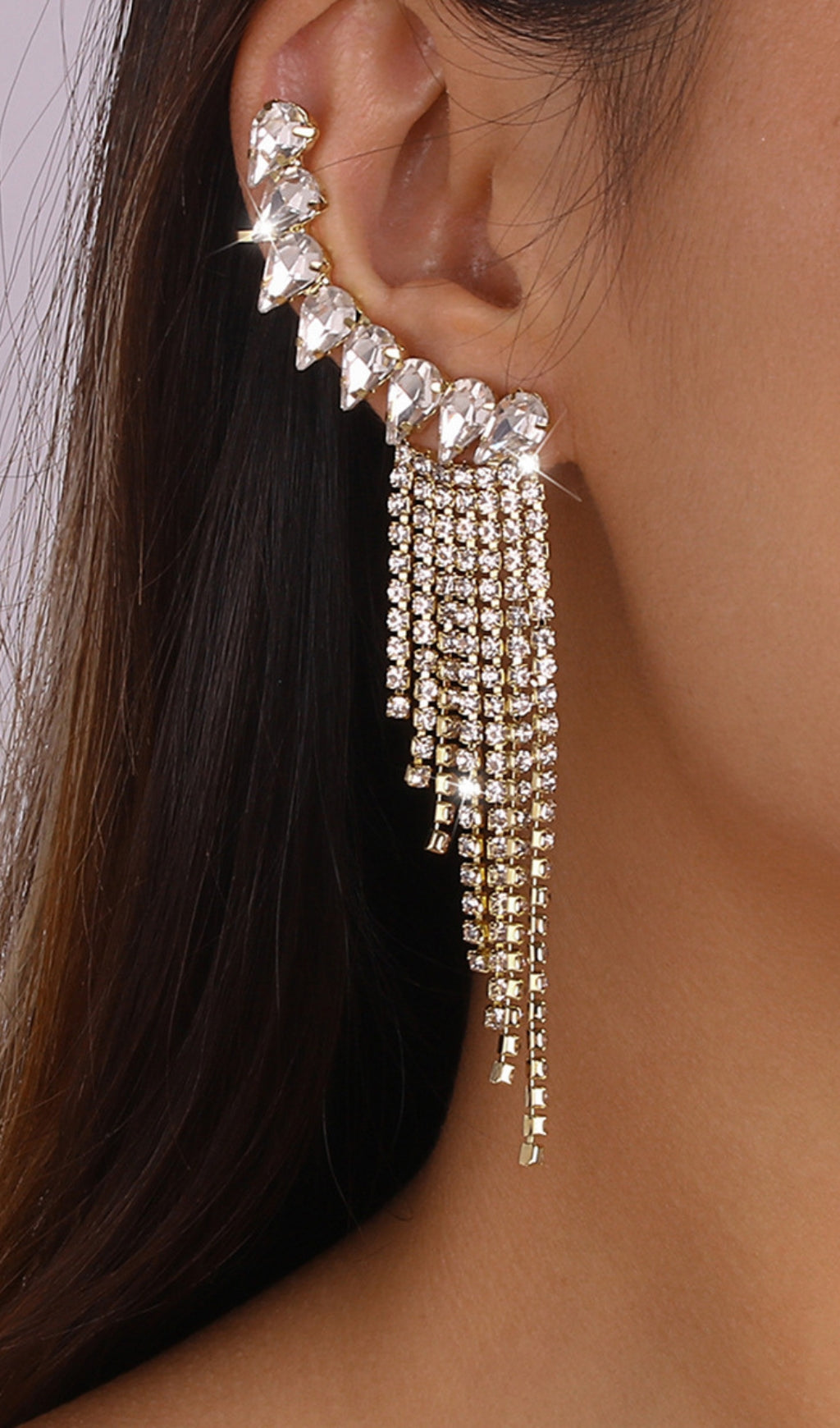 Gold Rhinestone Tassel Geometric Earrings Flowering Girl